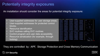 Potentially integrity exposures
• User-supplied addresses for user storage areas.
• User-supplied addresses for protected control
blocks.
• Resource identification
• SVC routines calling SVC routines
• Control program and user data accessibility
• Resource serialization (for example, through
locking)
They are controlled by : APF, Storage Protection and Cross Memory Communication
An installation should consider the areas for potential integrity exposure:
 