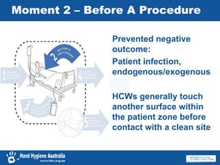 Moment 2 – Before A Procedure
Prevented negative
outcome:
Patient infection,
endogenous/exogenous
HCWs generally touch
another surface within
the patient zone before
contact with a clean site
 