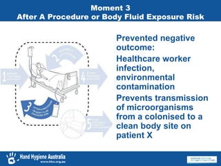 Moment 3
After A Procedure or Body Fluid Exposure Risk
Prevented negative
outcome:
Healthcare worker
infection,
environmental
contamination
Prevents transmission
of microorganisms
from a colonised to a
clean body site on
patient X
 