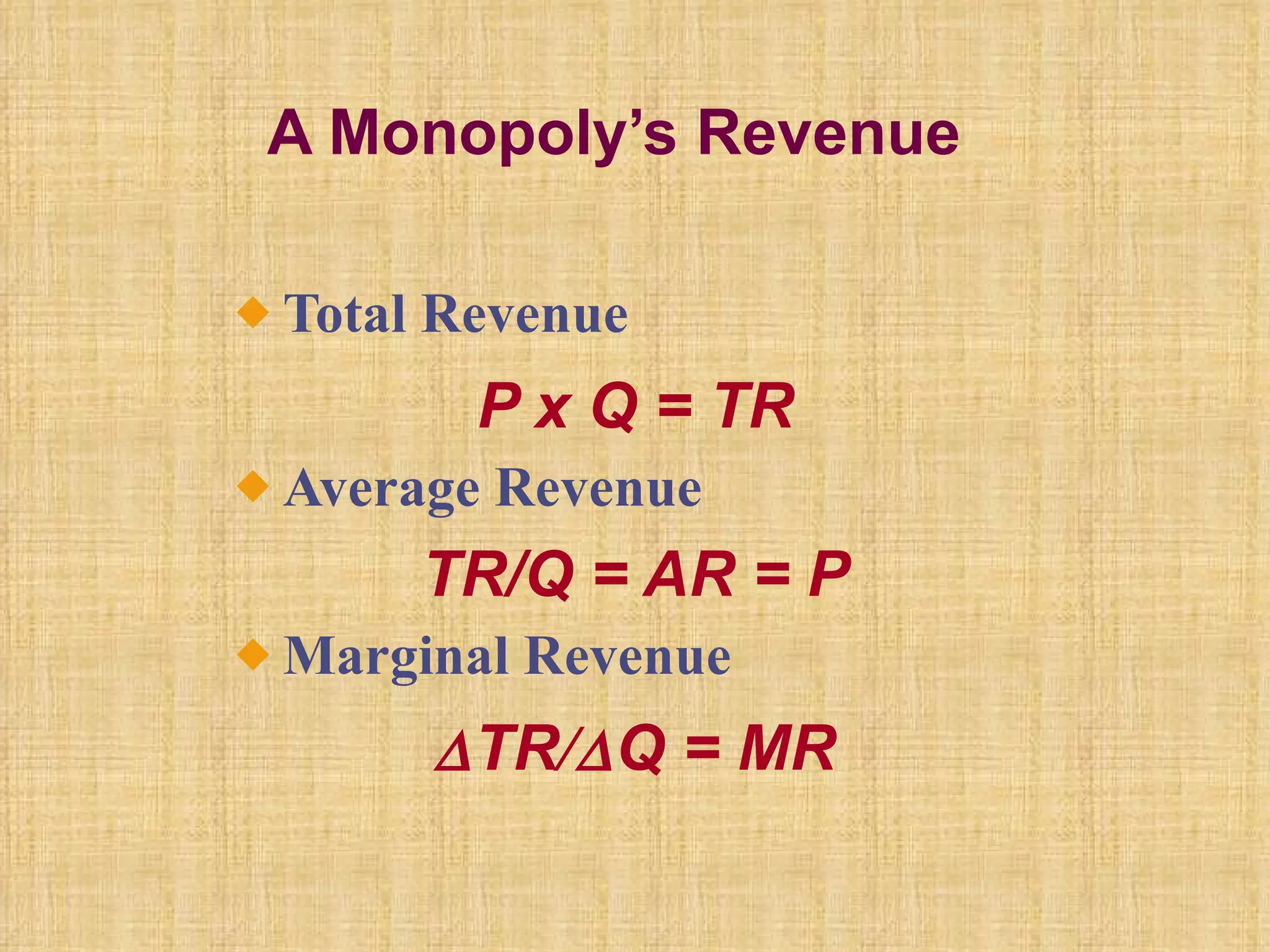 A Monopoly’s Revenue Total Revenue P x Q = TR Average Revenue TR/Q = AR = P Marginal Revenue  TR /  Q = MR 