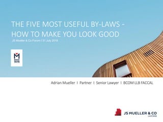 Adrian Mueller I Partner I Senior Lawyer I BCOM LLB FACCAL
THE FIVE MOST USEFUL BY-LAWS -
HOW TO MAKE YOU LOOK GOOD
JS Mueller & Co Forum I 31 July 2018
 
