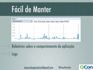 Fácil de Manter



Relatórios sobre o comportamento da aplicação
Logs


        jeancarlosgoncalves@gmail.com   @JeanDonato
 
