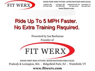 Ride Up To 5 MPH Faster.Ride Up To 5 MPH Faster.
No Extra Training Required.No Extra Training Required.
Presented by Ian Buchanan
Founder of
Peabody & Lexington, MA - Ridgefield Park, NJ - Waitsfield, VT
www.fitwerx.com
 