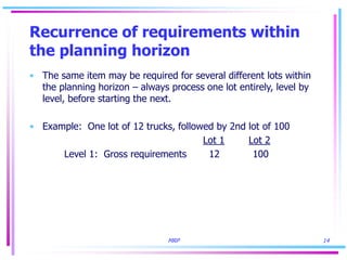 MRP 14
Recurrence of requirements within
the planning horizon
• The same item may be required for several different lots within
the planning horizon – always process one lot entirely, level by
level, before starting the next.
• Example: One lot of 12 trucks, followed by 2nd lot of 100
Lot 1 Lot 2
Level 1: Gross requirements 12 100
 