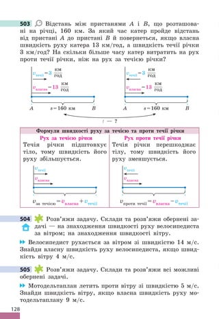 128
503 Відстань між пристанями А і В, що розташова-
ні на річці, 160 км . За який час катер пройде відстань
від пристані А до пристані В й повернеться, якщо власна
швидкість руху катера 13 км/год, а швидкість течії річки
3 км/год? На скільки більше часу катер витратить на рух
проти течії річки, ніж на рух за течією річки?
vтечії =3
км
год
vвласна =13
км
год
A B
s=160 км
vтечії =3
км
год
vвласна =13
км
год
A B
s=160 км
t — ?
Формули швидкості руху за течією та проти течії річки
Рух за течією річки Рух проти течії річки
Течія річки підштовхує
тіло, тому швидкість його
руху збільшується .
vтечії
vвласна
vза течією =vвласна +vтечії
Течія річки перешкоджає
тілу, тому швидкість його
руху зменшується .
vтечії
vвласна
vпроти течії =vвласна –vтечії
504 Розв’яжи задачу . Склади та розв’яжи обернені за-
дачі — на знаходження швидкості руху велосипедиста
за вітром; на знаходження швидкості вітру .
Велосипедист рухається за вітром зі швидкістю 14 м/с .
Знайди власну швидкість руху велосипедиста, якщо швид-
кість вітру 4 м/с .
505 Розв’яжи задачу . Склади та розв’яжи всі можливі
обернені задачі .
Мотодельтаплан летить проти вітру зі швидкістю 5 м/с .
Знайди швидкість вітру, якщо власна швидкість руху мо-
тодельтаплану 9 м/с .
503
504
505
 