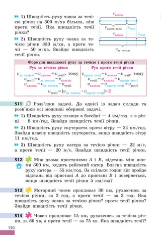 130
1) Швидкість руху човна за течі-
єю річки на 300 м/хв більша, ніж
проти течії . Яка швидкість течії
річки?
2) Швидкість руху човна за те-
чією річки 350 м/хв, а проти те-
чії — 50 м/хв . Знайди швидкість
течії річки .
Формули швидкості руху за течією і проти течії річки
Рух за течією річки Рух проти течії річки
vза течією =vвласна +vтечії, тому
vтечії =vза течією –vвласна
vвласна =vза течією –vтечії
vпроти течії =vвласна –vтечії, тому
vтечії =vвласна –vпроти течії
vвласна =vпроти течії +vтечії
vтечії =(vза течією –vпроти течії):2
511 Розв’яжи задачі . До однієї із задач склади та
розв’яжи всі можливі обернені задачі .
1) Швидкість руху плавця в басейні — 4 км/год, а в річ-
ці — 8 км/год . Знайди швидкість течії річки .
2) Швидкість руху скутериста проти вітру — 24 км/год .
Знайди власну швидкість скутериста, якщо швидкість вітру
11 км/год .
3) Швидкість руху катера за течією річки — 22 м/с,
а проти течії — 20 м/с . Знайди швидкість течії річки .
512 Між двома пристанями А і В, відстань між яки-
ми 300 км, ходить рейсовий катер . Власна швидкість
руху катера — 55 км/год . За скільки годин він пройде
відстань від пристані А до пристані В і повернеться,
якщо швидкість течії річки 5 км/год?
513 Моторний човен пропливає 30 км, рухаючись за
течією річки, за 2 год, а проти течії — за 3 год . Яка
швидкість руху човна за течією річки? проти течії річки?
Знайди швидкість течії річки .
514 Човен пропливає 15 км, рухаючись за течією річ-
ки, за 60 хв, а проти течії — за 75 хв . Яка швидкість течії?
511
512
513
514
vтечії
vтечії
vпроти течії
vза течією
vвласна
vвласна
 