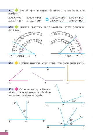 144
562 Розбий кути на групи . За якою ознакою це можна
зробити?
∠FDC=67° ∠HGF=108° ∠MCZ=180° ∠POY=140°
∠KLP=45° ∠VBN=60° ∠SXP=91° ∠HYT=90°
563 Визнач градусну міру кожного кута; установи
його вид .
180 180
0 0
170
170
10
160
160
20
20
150
150
30
30
140
140
40
40
130
130
50
50
120
120
60
60
110
110
70
70
100
100
80
80
90
90
10
R
∠RTS — ?
S T
180 180
0 0
170
170
10
160
160
20
20
150
150
30
30
140
140
40
40
130
130
50
50
120
120
60
60
110
110
70
70
100
100
80
80
90
90
10
C
∠CDE — ? E
D
564 Знайди градусні міри кутів; установи види кутів .
O
C
E
A
565 Запиши кути, зображе-
ні на кожному рисунку . Знайди
величини невідомих кутів .
D O S
N
E
20°
K L Q
M
N
30°
Z
O V
W
X
Y
30°
75° 25°
562
563
564
565
 