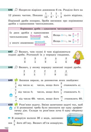 162
646 Накресли відрізок довжиною 6 см. Розділи його на
12 рівних частин. Покажи
1
12
,
1
6
,
1
4
,
1
3
цього відрізка.
Порівняй дроби попарно. Зроби висновок про порівняння
дробів з однаковими чисельниками.
Порівняння дробів з однаковими чисельниками
Із двох дробів з однаковими
чисельниками більший
менший
той,
у якого знаменник менший
більший
.
647 Визнач, чим схожі й чим відрізняються
подані дроби. Розташуй їх у порядку спадання.
3
8
3
5
3
9
3
4
3
6
648 Визнач, у якому порядку записані подані дроби.
2
3
2
5
2
7
2
9
2
11
649 Запиши вирази, за допомогою яких знайдемо:
3
4
від числа a; число, якщо його
3
4
становлять a;
5
7
від числа b; число, якщо його
5
7
становлять b;
m
n
від числа 60; число, якщо його
m
n
становлять 60.
650 Розв’яжи задачу. Зміни запитання задачі так, щоб
у її розвязанні треба було виконати ще одну арифме-
тичну дію. Склади та розв’яжи хоча б одну обернену
задачу.
В акваріум налили 30 л води, заповнив-
ши
2
5
його об’єму. Визнач об’єм акваріума.
646
Якщо bс, то
а
b 
а
с
Якщо bс, то
а
b 
а
с
647
648
649
650
 