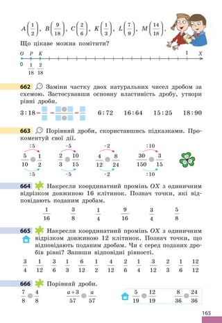 165
A
1
2





 , B
9
18





 , C
2
6





 , K
1
3





 , L
7
9





 , M
14
18





 .
Що цікаве можна помітити?
1
18
2
18
0
1
O X
P K
662 Заміни частку двох натуральних чисел дробом за
схемою. Застосувавши основну властивість дробу, утвори
рівні дроби.
3 : 18 = = = 6 : 72 16 : 64 15 : 25 18 : 90
663 Порівняй дроби, скориставшись підказками. Про-
коментуй свої дії.
5
10
1
2
2
3
10
15
4
12
8
24
30
150
3
15

= 
664 Накресли координатний промінь OX з одиничним
відрізком довжиною 16 клітинок. Познач точки, які від-
повідають поданим дробам.
1
16
3
8
1
4
9
16
3
4
5
8
665 Накресли координатний промінь OX з одиничним
відрізком довжиною 12 клітинок. Познач точки, що
відповідають поданим дробам. Чи є серед поданих дро-
бів рівні? Запиши відповідні рівності.
3
4
1
12
3
6
1
3
6
12
1
2
4
12
2
6
1
4
3
12
2
3
1
6
12
12
666 Порівняй дроби.
7
8
4
8
a + 3
57
a
57
5
19
12
19
8
36
24
36
.
1
662
663
:5
:5
.5
.5
.2
.2
:10
:10
664
665
666
 