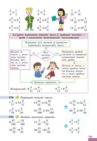 189
3
4
1
4
5
6
4
6
7
12
5
12
2
3
4
2
1
4
8
5
6
8
4
6
14
7
12
14
5
12
2
3
4
5
1
4
8
5
6
3
4
6
14
7
12
19
5
12
Алгоритм порівняння мішаних чисел (у дробових частинах —
дроби з однаковими знаменниками / чисельниками)
Порівнюю цілі частини за правилом
порівняння натуральних чисел.
Порівнюю дробові
частини за правилом
порівняння звичай-
них дробів.
Більше те число, у
якого дробова части-
на більша; менше
те, у якого дробова
частина менша.
Більше те
число, у якого
ціла частина
більша; мен-
ше те, у якого
ціла частина
менша.
Записую нерівність.
Цілі
частини
рівні?
Так
Ні
Наприклад: 8 2
4
11
6
11
 ; 9 9
4
11
6
11
 .
774 Порівняй мішані числа.
7
3
17
12
9
17
15
24
31
15
19
31
11
24
51
12
3
51
4
8
19
4
9
19
21
18
100
24
11
100
32
9
10
32
5
10
775 Знайди значення виразів.
9 7
67
100
53
100
+ 17 8
2
10
6
10
− 4 3
5
7
3
7
+
12 9
13
25
9
25
− 32 24
15
23
8
23
− 9 6
5
9
8
9
+
774
775
 