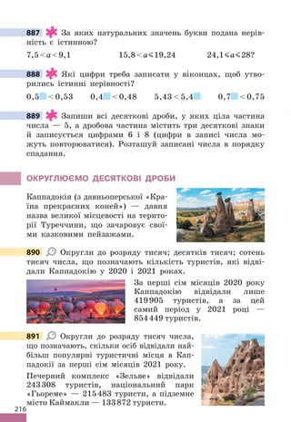 216
887 За яких натуральних значень букви подана нерів-
ність є істинною?
7,5a9,1 15,8a 19,24 24,1 a 28?
888 Які цифри треба записати у віконцах, щоб утво-
рились істинні нерівності?
0,5  0,53 0,4  0,48 5,43  5,4 0,7  0,75
889 Запиши всі десяткові дроби, у яких ціла частина
числа — 5, а дробова частина містить три десяткові знаки
й записується цифрами 6 і 8 (цифри в записі числа мо-
жуть повторюватися). Розташуй записані числа в порядку
спадання.
ОКРУГЛЮЄМО ДЕСЯТКОВІ ДРОБИ
Каппадокія (з давньоперської «Кра-
їна прекрасних коней») — давня
назва великої місцевості на терито-
рії Туреччини, що зачаровує свої-
ми казковими пейзажами.
890 Округли до розряду тисяч; десятків тисяч; сотень
тисяч числа, що позначають кількість туристів, які відві-
дали Каппадокію у 2020 і 2021 роках.
За перші сім місяців 2020 року
Каппадокію відвідали лише
419905 туристів, а за цей
самий період у 2021 році —
854449 туристів.
891 Округли до розряду тисяч числа,
що позначають, скільки осіб відвідали най-
більш популярні туристичні місця в Кап-
падокії за перші сім місяців 2021 року.
Печерний комплекс «Зельве» відвідали
243308 туристів, національний парк
«Гьореме» — 215483 туристи, а підземне
місто Каймакли — 133872 туристи.
887
888
889
890
891
 