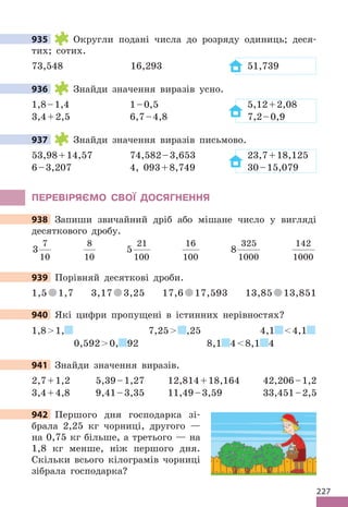 227
935 Округли подані числа до розряду одиниць; деся-
тих; сотих.
73,548 16,293 51,739
936 Знайди значення виразів усно.
1,8–1,4 1–0,5 5,12+2,08
3,4+2,5 6,7–4,8 7,2–0,9
937 Знайди значення виразів письмово.
53,98+14,57 74,582–3,653 23,7+18,125
6–3,207 4, 093+8,749 30–15,079
ПЕРЕВІРЯЄМО СВОЇ ДОСЯГНЕННЯ
938 Запиши звичайний дріб або мішане число у вигляді
десяткового дробу.
3
7
10
8
10
5
21
100
16
100
8
325
1000
142
1000
939 Порівняй десяткові дроби.
1,5 1,7 3,17 3,25 17,6 17,593 13,85 13,851
940 Які цифри пропущені в істинних нерівностях?
1,81, 7,25 ,25 4,1 4,1
0,5920, 92 8,1 48,1 4
941 Знайди значення виразів.
2,7+1,2 5,39–1,27 12,814+18,164 42,206–1,2
3,4+4,8 9,41–3,35 11,49–3,59 33,451–2,5
942 Першого дня господарка зі-
брала 2,25 кг чорниці, другого —
на 0,75 кг більше, а третього — на
1,8 кг менше, ніж першого дня.
Скільки всього кілограмів чорниці
зібрала господарка?
935
936
937
938 Запиши звичайний дріб або мішане число у вигляді
939 Порівняй десяткові дроби.
940 Які цифри пропущені в істинних нерівностях?
941 Знайди значення виразів.
942 Першого дня господарка зі-
 