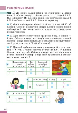 242
РОЗВ’ЯЗУЄМО ЗАДАЧІ
1005 До кожної задачі добери короткий запис, доповни
його. Розв’яжи задачу 1. Зістав задачі 1 і 2; задачі 2 і 3.
Що змінилося? Як ця зміна вплине на розв’язання задач 2
і 3? Розв’яжи задачі 2 і 3. Виконай перевірку.
1) Один майстер-плиточник за 8 год поклав 34,56 м2
плитки. Скільки квадратних метрів плитки поклав інший
майстер за 6 год, якщо майстри працювали з однаковою
продуктивністю?
2) Один майстер-плиточник працював 8 год, а інший —
6 год. Скільки квадратних метрів плитки поклав кожний
майстер, якщо вони працювали з однаковою продуктивніс-
тю й усього поклали 60,48 м2 плитки?
3) Перший майстер-плиточник працював 8 год, а дру-
гий — 6 год. Перший майстер поклав на 8,64 м2 плитки
більше, ніж другий. Скільки квадратних метрів плитки
поклав кожний майстер, якщо вони працювали з однако-
вою продуктивністю?
Продуктивність
праці
N (м2 за 1 год)
Час
роботи
t (год)
Загальний
виробіток
A (м2)
І
ІІ ?
?, однак.
а
N (м2 за 1 год) t (год) A (м2)
І ?, на б.
ІІ ?
?, однак.
в
N (м2 за 1 год) t (год) A (м2)
І ?
ІІ ?
?, однак.
б
1005
 