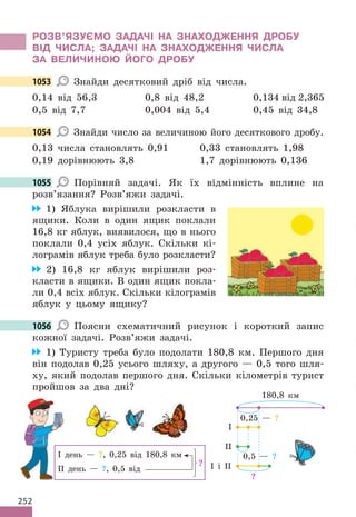 252
РОЗВ’ЯЗУЄМО ЗАДАЧІ НА ЗНАХОДЖЕННЯ ДРОБУ
ВІД ЧИСЛА; ЗАДАЧІ НА ЗНАХОДЖЕННЯ ЧИСЛА
ЗА ВЕЛИЧИНОЮ ЙОГО ДРОБУ
1053 Знайди десятковий дріб від числа.
0,14 від 56,3 0,8 від 48,2 0,134 від 2,365
0,5 від 7,7 0,004 від 5,4 0,45 від 34,8
1054 Знайди число за величиною його десяткового дробу.
0,13 числа становлять 0,91 0,33 становлять 1,98
0,19 дорівнюють 3,8 1,7 дорівнюють 0,136
1055 Порівняй задачі. Як їх відмінність вплине на
розв’язання? Розв’яжи задачі.
1) Яблука вирішили розкласти в
ящики. Коли в один ящик поклали
16,8 кг яблук, виявилося, що в нього
поклали 0,4 усіх яблук. Скільки кі-
лограмів яблук треба було розкласти?
2) 16,8 кг яблук вирішили роз-
класти в ящики. В один ящик покла-
ли 0,4 всіх яблук. Скільки кілограмів
яблук у цьому ящику?
1056 Поясни схематичний рисунок і короткий запис
кожної задачі. Розв’яжи задачі.
1) Туристу треба було подолати 180,8 км. Першого дня
він подолав 0,25 усього шляху, а другого — 0,5 того шля-
ху, який подолав першого дня. Скільки кілометрів турист
пройшов за два дні?
180,8 км
0,25 — ?
0,5 — ?
?
І і ІІ
ІІ
І
І день — ?, 0,25 від 180,8 км
ІІ день — ?, 0,5 від
?
І день —
ІІ день —
1053
1054
1055
1056
 