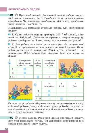 256
РОЗВ’ЯЗУЄМО ЗАДАЧІ
1071 Прочитай задачі. До кожної задачі добери корот-
кий запис і доповни його. Розв’яжи одну із задач двома
способами. Чи допоможе розв’язання цієї задачі розв’язати
іншу задачу? Розв’яжи її.
Нідерландська компанія створила робота для прибирання
пляжу.
1) Один робот за годину прибирає 205,7 м2 пляжу, а ін-
ший — 197,8 м2. Скільки квадратних метрів пляжу ці
роботи приберуть за 3 год, якщо працюватимуть разом?
2) Два роботи одночасно розпочали рух від рятувальної
станції у протилежних напрямках пляжної смуги. Один
робот рухається зі швидкістю 205,7 м/год, а інший — зі
швидкістю 197,8 м/год. Яка відстань буде між ними за
3 год?
Продуктив-
ність праці
N (м2 за 1 год)
Час
роботи
t (год)
Загальний
виробіток
A (м2)
І
ІІ
I і II ? ?
а
v
(км/год)
t
(год)
s
(км)
І
ІІ
I і II ? ?
б
Склади та розв’яжи обернену задачу на знаходження часу
спільної роботи / часу спільного руху роботів; задачу на
знаходження продуктивності праці першого робота / швид-
кості руху першого робота.
1072 Зістав задачі. Розв’яжи двома способами задачу,
яку тобі розв’язати легше. Чи допоможе розв’язання цієї
задачі розв’язати іншу задачу?
1071
1072
 