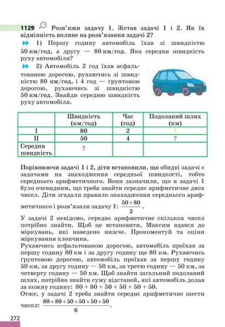272
1129 Розв’яжи задачу 1. Зістав задачі 1 і 2. Як їх
відмінність вплине на розв’язання задачі 2?
1) Першу годину автомобіль їхав зі швидкістю
50 км/год, а другу — 80 км/год. Яка середня швидкість
руху автомобіля?
2) Автомобіль 2 год їхав асфаль-
тованою дорогою, рухаючись зі швид-
кістю 80 км/год, і 4 год — ґрунтовою
дорогою, рухаючись зі швидкістю
50 км/год. Знайди середню швидкість
руху автомобіля.
Швидкість
(км/год)
Час
(год)
Подоланий шлях
(км)
І 80 2 ?
ІІ 50 4 ?
Середня
швидкість
?
Порівнюючи задачі 1 і 2, діти встановили, що обидві задачі є
задачами на знаходження середньої швидкості, тобто
середнього арифметичного. Вони зазначили, що в задачі 1
було очевидним, що треба знайти середнє арифметичне двох
чисел. Діти згадали правило знаходження середнього ариф-
метичного і розв’язали задачу 1:
50 80
2
+
.
У задачі 2 невідомо, середнє арифметичне скількох чисел
потрібно знайти. Щоб це встановити, Максим вдався до
міркувань, які наведено нижче. Прокоментуй та оціни
міркування хлопчика.
Рухаючись асфальтованою дорогою, автомобіль проїхав за
першу годину 80 км і за другу годину ще 80 км. Рухаючись
ґрунтовою дорогою, автомобіль проїхав за першу годину
50 км, за другу годину — 50 км, за третю годину — 50 км, за
четверту годину — 50 км. Щоб знайти загальний подоланий
шлях, потрібно знайти суму відстаней, які автомобіль долав
за кожну годину: 80 + 80 + 50 + 50 + 50 + 50.
Отже, у задачі 2 треба знайти середнє арифметичне шести
чисел:
+ + + + +
80 80 50 50 50 50
6
.
 
