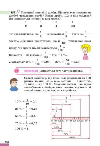 280
1159 Прочитай звичайні дроби. Що позначає знаменник
дробу? чисельник дробу? Зістав дроби. Що в них спільне?
Як називається кожний із цих дробів?
1
2
1
3
1
4
1
100
Тетяна зазначила, що
1
2
— це половина;
1
3
— третина,
1
4
—
чверть. Дівчинка припустила, що й
1
100
також має свою
назву. Чи знаєш ти, як називається
1
100
?
Одна сота — це відсоток:
1
100
= 0,01 = 1 %.
Наприклад: 3 % =
3
100
= 0,03; 56 % =
56
100
= 0,56.
Відсотком називається сота частина цілого.
Сергій зазначив, що коли ціле розділили на 100
рівних частин і одна така частина — 1 відсоток,
то ціле — це 100 %. Хлопчик вважає, що варто
запам’ятати співвіднесення деяких відсотків зі
звичайними та з десятковими дробами.
10 % =
1
10
= 0,1
25 % =
1
4
= 0,25
50 % =
1
2
= 0,5
75 % =
3
4
= 0,75
100 % = 1
 