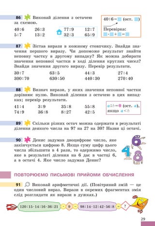 29
86 Виконай ділення з остачею
за схемою .
40:6 26:3 77:9 12:7
5:7 13:2 32:3 65:9
87 Зістав вирази в кожному стовпчику . Знайди зна-
чення першого виразу . Чи допоможе результат знайти
неповну частку в другому випадку? Як можна добирати
значення неповної частки в ході ділення круглих чисел?
Знайди значення другого виразу . Перевір результати .
30:7 63:5 44:3 27:4
300:70 630:50 440:30 270:40
88 Визнач вирази, у яких значення неповної частки
дорівнює нулю . Виконай ділення з остачею в цих випад-
ках; перевір результати .
41:4 3:9 35:8 55:8
74:9 36:8 8:27 42:5
89 Скільки різних остач можна одержати в результаті
ділення деякого числа на 9? на 2? на 30? Назви ці остачі .
90 Денис задумав двоцифрове число, яке
закінчується цифрою 8 . Якщо суму цифр цього
числа збільшити в 4 рази, то одержимо число,
яке в результаті ділення на 6 дає в частці 6,
а в остачі 4 . Яке число задумав Денис?
ПОВТОРЮЄМО ПИСЬМОВІ ПРИЙОМИ ОбЧИСЛЕННя
91 Виконай арифметичні дії . (Повітряний змій — це
один числовий вираз . Вирази в окремих фрагментах змія
слід розглядати як вирази в дужках .)
98:14 .12:42 .56:8
9
 . – ?
=
120:15 .14:16 .36:21
86 40:6= (ост . )
___
Перевірка:
 . + =
87
88
a:b=0 (ост . a),
якщо ab
89
90
91
 