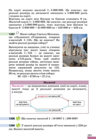 293
На карті вказано масштаб 1 : 5 000 000. Це означає, що
реальні розміри на місцевості зменшено в 5 000 000 разів
і подано на карті.
Відстань на карті між Києвом та Одесою становить 9 см.
Масштаб карти 1 : 5 000 000. Це означає, що реальні розміри
зменшено у 5 000 000 разів, тому відстань між Києвом та
Одесою 9 · 5 000 000 = 45 000 000 см = 450 000 м = 450 км.
1207 Макет собору Святого Матьяша,
що в Будапешті (Угорщина), створено
в масштабі 1 : 125. Що це означає? Як
знайти реальні розміри собору?
Виконуючи це завдання, учні та учениці
міркували так: макет замку створено
в масштабі 1 : 125 — це означає, що
реальні розміри будівлі на макеті змен-
шено в 125 разів. Тому щоб знайти
реальні розміри собору, достатньо вимі-
ряти певний розмір на макеті й помно-
жити одержаний результат на 125.
Наприклад, якщо висота стіни макету
30 см, то реальна висота стіни собору:
30 · 125 = 3750 см = 37,5 м.
Масштаб
Масштаб — це відношення довжини лінії на карті, плані,
макеті тощо до її реальної довжини на місцевості,
у натурі.
1208 Що означає масштаб 1 : 10 000? 1 : 500 000?
1209 У макеті реальні розміри об’єкта зменшені у 250 ра-
зів. Визнач масштаб макета.
 