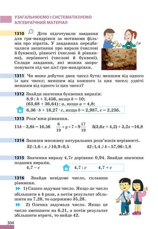 304
УЗАГАЛЬНЮЄМО І СИСТЕМАТИЗУЄМО
АЛГЕБРАЇЧНИЙ МАТЕРІАЛ
1310 Діти підготували завдання
для гри-мандрівки за мотивами філь-
мів про піратів. У завданнях передба-
чалися запитання про вирази (числові
й буквені), рівності (числові й рівнян-
ня), нерівності (числові й буквені).
Склади завдання, які можна запро-
понувати під час цієї гри-мандрівки.
1311 Чи може добуток двох чисел бути: меншим від одного
із цих чисел; меншим від кожного із цих чисел; удвічі
меншим від одного із цих чисел?
1312 Знайди значення буквених виразів:
8,9 : k + 3,456, якщо k = 10;
(63,68 + 36,64) : a, якщо a = 4,8;
6,36 · b + 18,27 · c, якщо b = 2,987, c = 2,236.
1313 Розв’яжи рівняння.
11k – 3,8k = 16,56
6 17
19 19
7 9
y
+ + = 3(3,6x + 4,2) + 3,2x =16,8
1314 Запиши множину натуральних розв’язків нерівності.

32:1,6 10,9:0,5
x J 
42:1,4 57,06:1,8
k
J
1315 Значення виразу 4,7с дорівнює 0,94. Знайди значення
поданих виразів.
4,7 – c 4,7 : c 4,7 + c
1316 Знайди невідоме число, склавши
рівняння.
1) Сашко задумав число. Якщо це число
збільшити в 4 рази, а потім результат збіль-
шити на 7,28, то одержимо 35,28.
2) Оленка задумала число. Якщо це
число зменшити на 6,21, а потім результат
збільшити втричі, то вийде 42.
 