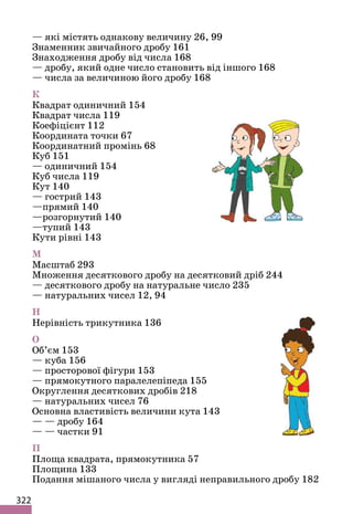 322
— які містять однакову величину 26, 99
Знаменник звичайного дробу 161
Знаходження дробу від числа 168
— дробу, який одне число становить від іншого 168
— числа за величиною його дробу 168
К
Квадрат одиничний 154
Квадрат числа 119
Коефіцієнт 112
Координата точки 67
Координатний промінь 68
Куб 151
— одиничний 154
Куб числа 119
Кут 140
— гострий 143
—прямий 140
—розгорнутий 140
—тупий 143
Кути рівні 143
М
Масштаб 293
Множення десяткового дробу на десятковий дріб 244
— десяткового дробу на натуральне число 235
— натуральних чисел 12, 94
Н
Нерівність трикутника 136
О
Об’єм 153
— куба 156
— просторової фігури 153
— прямокутного паралелепіпеда 155
Округлення десяткових дробів 218
— натуральних чисел 76
Основна властивість величини кута 143
— — дробу 164
— — частки 91
П
Площа квадрата, прямокутника 57
Площина 133
Подання мішаного числа у вигляді неправильного дробу 182
 