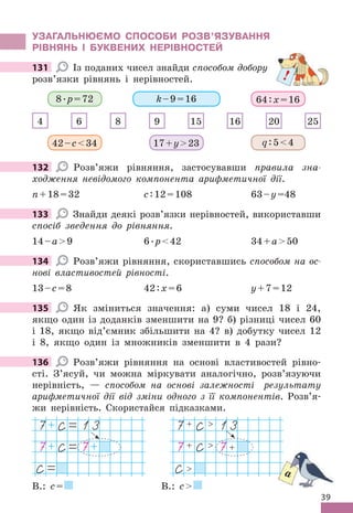 39
УЗАГАЛЬНЮЄМО СПОСОбИ РОЗВ’яЗУВАННя
РІВНяНЬ І бУКВЕНИх НЕРІВНОСТЕЙ
131 Із поданих чисел знайди способом добору
розв’язки рівнянь і нерівностей .
8 .р=72 k–9=16 64:x=16
4 6 8 9 15 16 20 25
42–c34 17+y23 q:54
132 Розв’яжи рівняння, застосувавши правила зна-
ходження невідомого компонента арифметичної дії .
n+18=32 c:12=108 63–y=48
133 Знайди деякі розв’язки нерівностей, використавши
спосіб зведення до рівняння .
14–а9 6 .p42 34+a50
134 Розв’яжи рівняння, скориставшись cпособом на ос-
нові властивостей рівності .
13–c=8 42:x=6 y+7=12
135 Як зміниться значення: а) суми чисел 18 і 24,
якщо один із доданків зменшити на 9? б) різниці чисел 60
і 18, якщо від’ємник збільшити на 4? в) добутку чисел 12
і 8, якщо один із множників зменшити в 4 рази?
136 Розв’яжи рівняння на основі властивостей рівно-
сті . З’ясуй, чи можна міркувати аналогічно, розв’язуючи
нерівність, — cпособом на основі залежності результату
арифметичної дії від зміни одного з її компонентів . Розв’я-
жи нерівність . Скористайся підказками .
7 13 7+  13
7 7 7+  7+

В .: с= В .: с
131
!
132
133
134
135
136
a
 