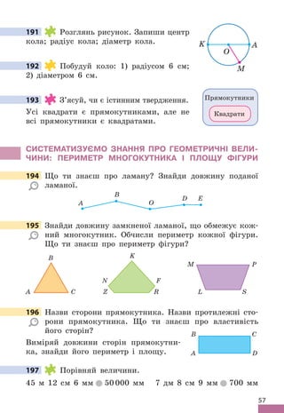 57
191 Розглянь рисунок . Запиши центр
кола; радіус кола; діаметр кола .
192 Побудуй коло: 1) радіусом 6 см;
2) діаметром 6 см .
193 З’ясуй, чи є істинним твердження .
Усі квадрати є прямокутниками, але не
всі прямокутники є квадратами .
СИСТЕМАТИЗУЄМО ЗНАННя ПРО ГЕОМЕТРИЧНІ ВЕЛИ-
ЧИНИ: ПЕРИМЕТР МНОГОКУТНИКА І ПЛОЩУ фІГУРИ
194 Що ти знаєш про ламану? Знайди довжину поданої
ламаної .
A
B
O
D E
195 Знайди довжину замкненої ламаної, що обмежує кож-
ний многокутник . Обчисли периметр кожної фігури .
Що ти знаєш про периметр фігури?
C
A
B
L
M P
S
R
F
K
Z
N
196 Назви сторони прямокутника . Назви протилежні сто-
рони прямокутника . Що ти знаєш про властивість
його сторін?
Виміряй довжини сторін прямокутни-
ка, знайди його периметр і площу .
197 Порівняй величини .
45 м 12 см 6 мм 50 000 мм 7 дм 8 см 9 мм 700 мм
191
О
A
M
K
192
193 Прямокутники
Квадрати
194 Що ти знаєш про ламану? Знайди довжину поданої
195 Знайди довжину замкненої ламаної, що обмежує кож-
196 Назви сторони прямокутника . Назви протилежні сто-
A D
B C
197
 