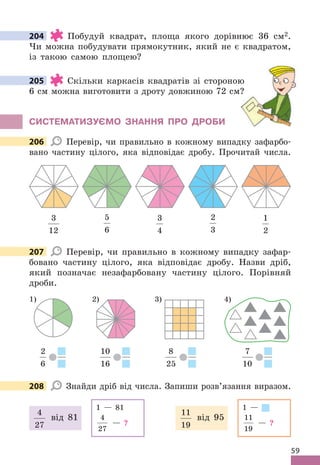 59
204 Побудуй квадрат, площа якого дорівнює 36 см2 .
Чи можна побудувати прямокутник, який не є квадратом,
із такою самою площею?
205 Скільки каркасів квадратів зі стороною
6 см можна виготовити з дроту довжиною 72 см?
СИСТЕМАТИЗУЄМО ЗНАННя ПРО дРОбИ
206 Перевір, чи правильно в кожному випадку зафарбо-
вано частину цілого, яка відповідає дробу . Прочитай числа .
3
12
5
6
3
4
2
3
1
2
207 Перевір, чи правильно в кожному випадку зафар-
бовано частину цілого, яка відповідає дробу . Назви дріб,
який позначає незафарбовану частину цілого . Порівняй
дроби .
2
6
1)
10
16
2)
8
25
3)
7
10
4)
208 Знайди дріб від числа . Запиши розв’язання виразом .
4
27
від 81
1 — 81
4
27
— ?
11
19
від 95
1 —
11
19
— ?
204
205 Скільки каркасів квадратів зі стороною
6 см можна виготовити з дроту довжиною 72 см?
206
207
208
 