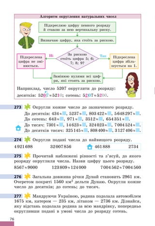 76
Алгоритм округлення натуральних чисел
Замінюю нулями всі циф-
ри, які стоять за рискою .
Підкреслена
цифра збіль-
шується на 1 .
Підкреслена
цифра не змі-
нюється .
Визначаю цифру, яка стоїть за рискою .
Підкреслюю цифру певного розряду
й ставлю за нею вертикальну риску .
За рискою
стоїть цифра 5; 6;
7; 8; 9?
Ні Так
Наприклад, число 5207 округлити до розряду:
десятків: 520 7≈5210; сотень: 52 07≈5200 .
273 Округли кожне число до зазначеного розряду .
До десятків: 434≈ , 5237≈ , 803422≈ , 5648297≈  .
До сотень: 643≈ , 971≈ , 3512≈ , 654351≈  .
До тисяч: 7301≈ , 14623≈ , 324023≈ , 7004524≈  .
До десятків тисяч: 325145≈ , 808400≈ , 3127406≈  .
274 Округли подані числа до найвищого розряду .
4921698 32007856 461888 2734
275 Прочитай наближені рівності та з’ясуй, до якого
розряду округлили числа . Назви цифру цього розряду .
8567≈9000 123809≈124000 7004562≈7004560
276 Загальна довжина річки Дунай становить 2961 км .
Очеретом покриті 1560 км2 дельти Дунаю . Округли кожне
число до десятків; до сотень; до тисяч .
277 Мандруючи Україною, родина подолала автомобілем
1675 км, катером — 235 км, літаком — 2736 км . Дізнайся,
яку відстань подолала родина за всю мандрівку, попередньо
округливши подані в умові числа до розряду сотень .
273
274
275
276
277
 