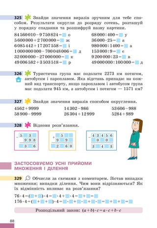 88
325 Знайди значення виразів зручним для тебе спо-
собом . Результати округли до розряду сотень, розташуй
у порядку спадання та розшифруй назву картини .
84560010–9750824= о 68000:400= у
5600000+2700000= ж 36000 .25= а
6085442+17207558= і 980000:1400= а
1000000000–700048006= д 153000:9= с
32000000–27000000= к 9200000:23= в
49006582+3503518= р 49000000:100000= д
326 Туристична група має подолати 2273 км потягом,
автобусом і пароплавом . Яка відстань припадає на кож-
ний вид транспорту, якщо пароплавом і автобусом група
має подолати 945 км, а автобусом і потягом — 1571 км?
327 Знайди значення виразів способом округлення .
4562+9999 14302–986 53606–988
58900–9999 26304+12999 5284+989
328 Віднови розв’язання .
4 3 4 5 6
0 0
3 4 3
–
5
9 9
2 6 0
+
5 3
9 9 8
3 6
–
ЗАСТОСОВУЄМО УСНІ ПРИЙОМИ
МНОжЕННя І дІЛЕННя
329 Обчисли за схемами з коментарем . Зістав випадки
множення; випадки ділення . Чим вони відрізняються? Як
їх відмінність впливає на розв’язання?
76 .4=( + ) .4=  .4+  .4= + =
176 .4=( + + ) .4=  . +  . +  . = + + =
Розподільний закон: (a+b) .c=a .c+b .c
325
326
327
328
329
 