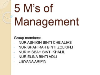 5 M’s of
Management
Group members:
- NUR ASHIKIN BINTI CHE ALIAS
- NUR SHAHIRAH BINTI ZOLKIFLI
- NUR MISBAH BINTI KHALIL
- NUR ELINA BINTI ADLI
- LIEYANA ARIPIN
 