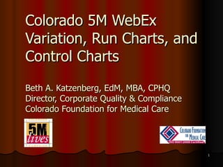 Colorado 5M WebEx Variation, Run Charts, and Control Charts Beth A. Katzenberg, EdM, MBA, CPHQ Director, Corporate Quality & Compliance Colorado Foundation for Medical Care 