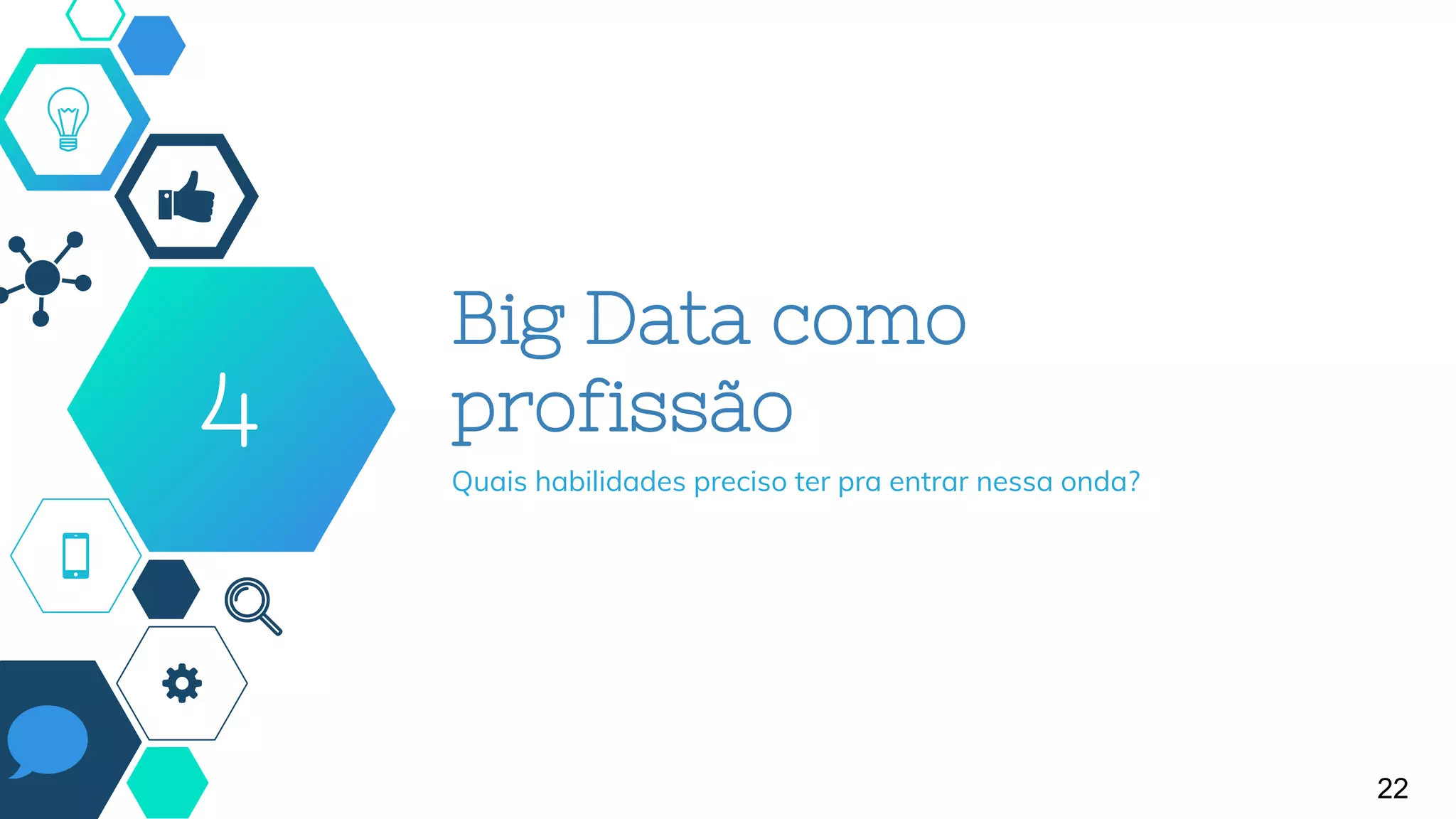 Big Data como
profissão
Quais habilidades preciso ter pra entrar nessa onda?
4
22
 