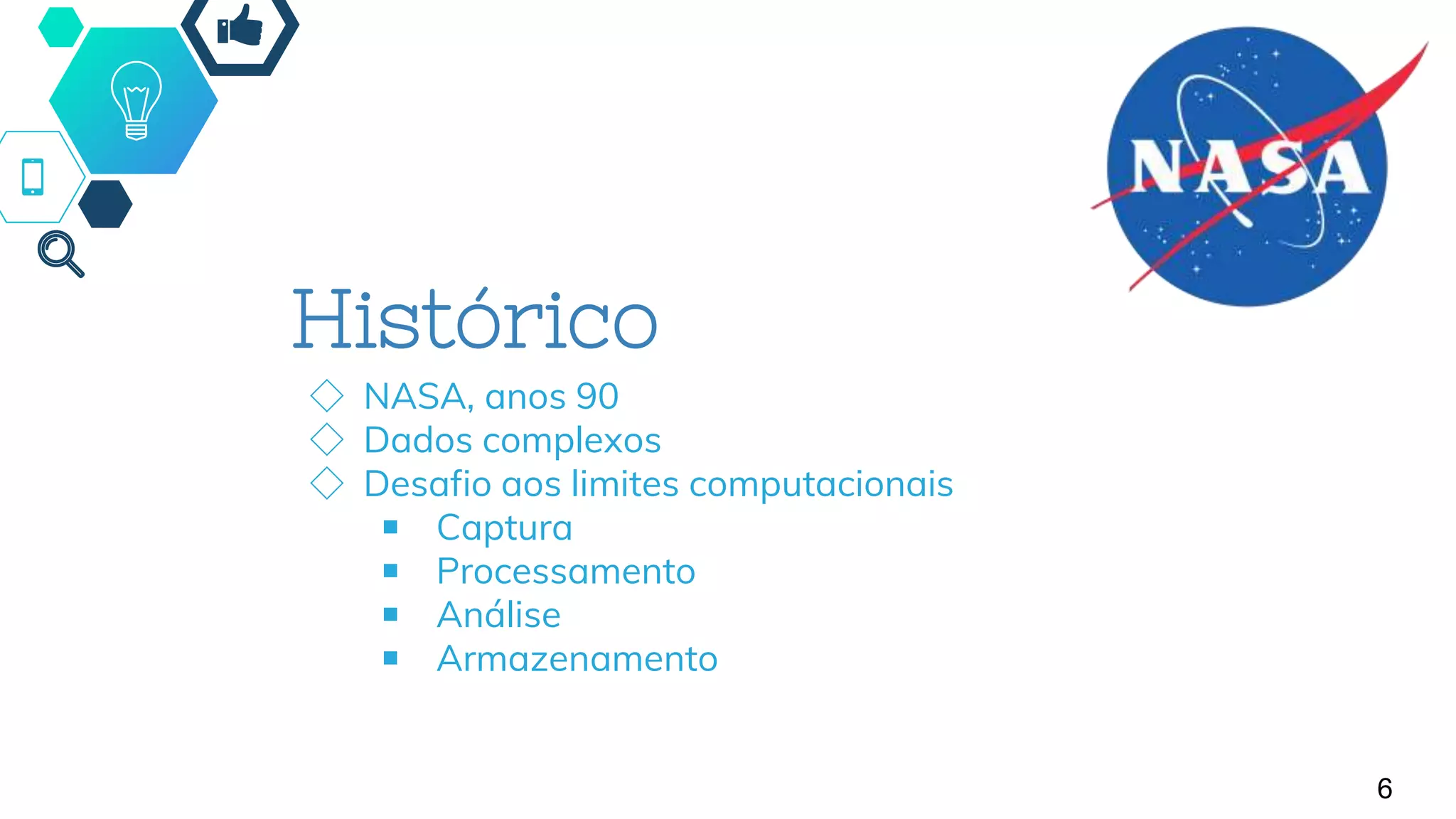 6
Histórico
◇ NASA, anos 90
◇ Dados complexos
◇ Desafio aos limites computacionais
￭ Captura
￭ Processamento
￭ Análise
￭ Armazenamento
 