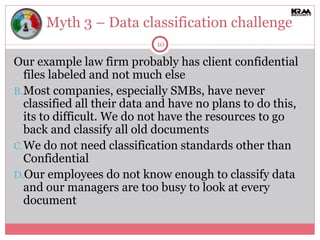 Myth 3 – Data classification challenge Our example law firm probably has client confidential files labeled and not much else  Most companies, especially SMBs, have never classified all their data and have no plans to do this, its to difficult. We do not have the resources to go back and classify all old documents We do not need classification standards other than Confidential Our employees do not know enough to classify data and our managers are too busy to look at every document 