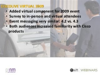 CISCOLIVE VIRTUAL 2009
• Added virtual component for 2009 event
• Survey to in-person and virtual attendees
• Event messaging very similar: 4.2 vs. 4.3
• Both audiences increased familiarity with Cisco
products
 