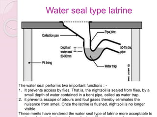Water seal type latrine
The water seal performs two important functions : -
1. It prevents access by flies. That is, the nightsoil is sealed from flies, by a
small depth of water contained in a bent pipe, called as water trap,
2. it prevents escape of odours and foul gases thereby eliminates the
nuisance from smell. Once the latrine is flushed, nightsoil is no longer
visible.
These merits have rendered the water seal type of latrine more acceptable to
 