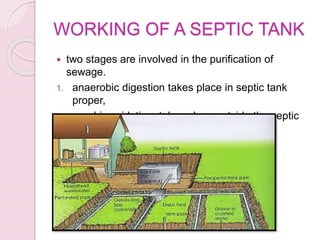 WORKING OF A SEPTIC TANK
 two stages are involved in the purification of
sewage.
1. anaerobic digestion takes place in septic tank
proper,
2. aerobic oxidation, takes place outside the septic
tank, in the sub-soil.
 