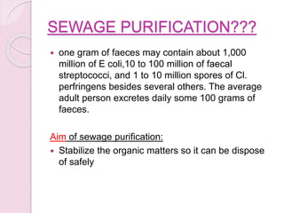 SEWAGE PURIFICATION???
 one gram of faeces may contain about 1,000
million of E coli,10 to 100 million of faecal
streptococci, and 1 to 10 million spores of Cl.
perfringens besides several others. The average
adult person excretes daily some 100 grams of
faeces.
Aim of sewage purification:
 Stabilize the organic matters so it can be dispose
of safely
 