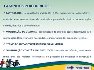 CAMINHOS PERCORRIDOS:
 CARTOGRAFIA - desigualdades sociais (IDH 0,65), problemas de saúde básicos,

carência de serviços escolares de qualidade e garantia de direitos. Apresentação

da rede, desafios e potencialidades.

 MOBILIZAÇÃO DE GESTORES - identificação de algumas ações desarticuladas e

sobrepostas. Despertar para necessidade e importância das ações intersetoriais

 TERMO DE ADESÃO/COMPROMISSO DO MUNICÍPIO

 CONSTITUIÇÃO COMITÊ EXECUTIVO LOCAL - espaço de reflexão, constituído

como uma das maiores ferramentas no processo de mudança e construção

coletiva.
 