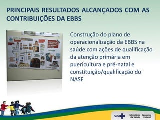 PRINCIPAIS RESULTADOS ALCANÇADOS COM AS
CONTRIBUIÇÕES DA EBBS

                 Construção do plano de
                 operacionalização da EBBS na
                 saúde com ações de qualificação
                 da atenção primária em
                 puericultura e pré-natal e
                 constituição/qualificação do
                 NASF
 