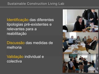 Identificação das diferentes
tipologias pré-existentes e
relevantes para a
reabilitação

Discussão das medidas de
melhoria

Validação individual e
colectiva
 