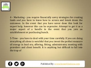 Published By : www.homeblindsusa.com
4 - Marketing - you require financially savvy strategies for creating
leads and you have to know how to screen and break down the
outcomes. In the event that you have never done this look for
expert help, however this can be expensive. Attempt to get it as a
major aspect of a bundle in the event that you join an
establishment or purchasing bunch.
5-Time - you have to deal with your time carefully. If you are doing
everything all alone is watchful that you invest the perfect measure
of energy in lead era, offering, fitting, administrator, meeting with
providers and client benefit. It is anything but difficult to fall into
the trap of
 