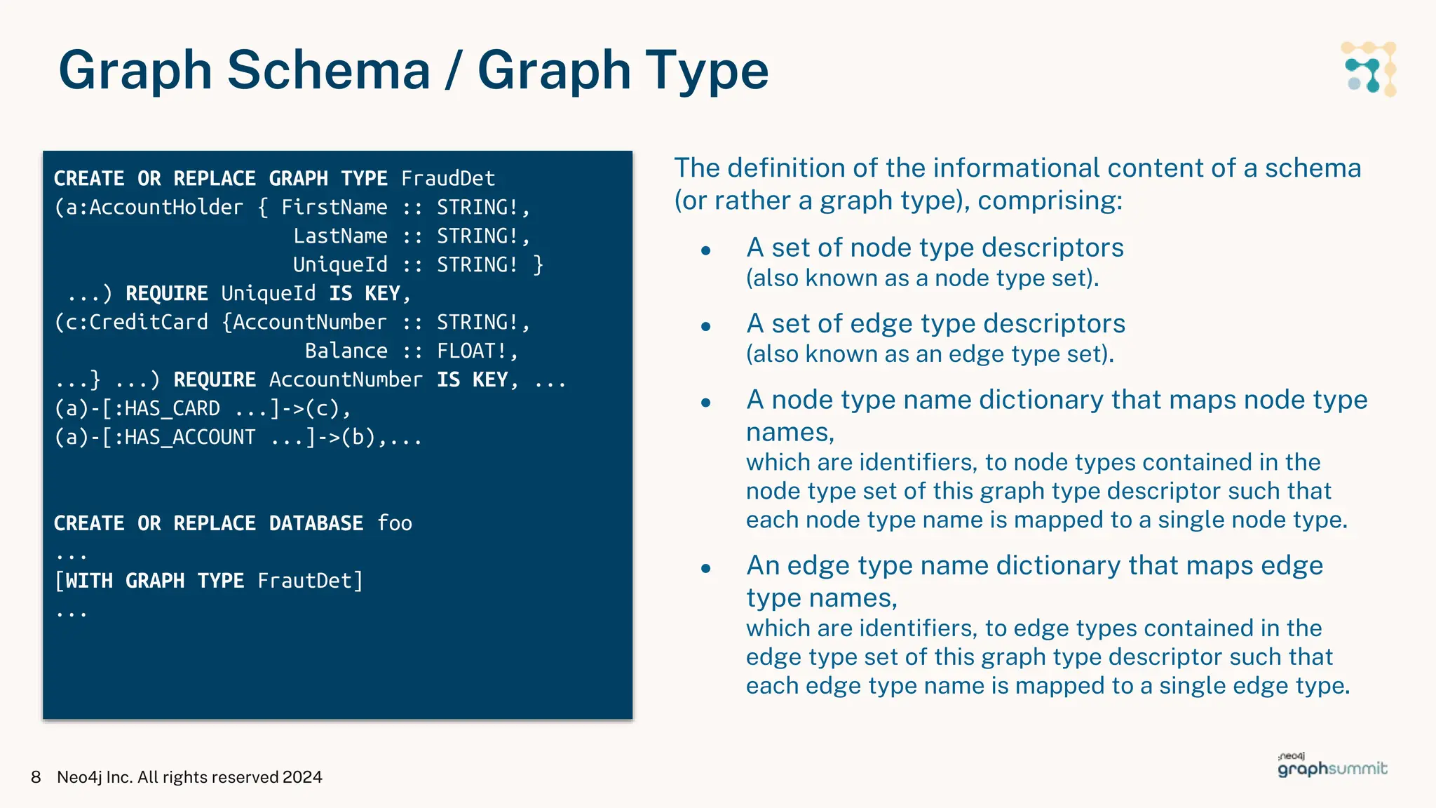 Graph Schema / Graph Type
Neo4j Inc. All rights reserved 2024
8
The definition of the informational content of a schema
(or rather a graph type), comprising:
● A set of node type descriptors
(also known as a node type set).
● A set of edge type descriptors
(also known as an edge type set).
● A node type name dictionary that maps node type
names,
which are identifiers, to node types contained in the
node type set of this graph type descriptor such that
each node type name is mapped to a single node type.
● An edge type name dictionary that maps edge
type names,
which are identifiers, to edge types contained in the
edge type set of this graph type descriptor such that
each edge type name is mapped to a single edge type.
CREATE OR REPLACE GRAPH TYPE FraudDet
(a:AccountHolder { FirstName :: STRING!,
LastName :: STRING!,
UniqueId :: STRING! }
...) REQUIRE UniqueId IS KEY,
(c:CreditCard {AccountNumber :: STRING!,
Balance :: FLOAT!,
...} ...) REQUIRE AccountNumber IS KEY, ...
(a)-[:HAS_CARD ...]->(c),
(a)-[:HAS_ACCOUNT ...]->(b),...
CREATE OR REPLACE DATABASE foo
...
[WITH GRAPH TYPE FrautDet]
...
 