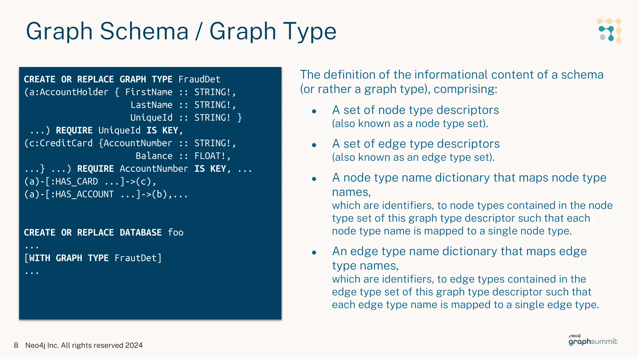 Graph Schema / Graph Type
Neo4j Inc. All rights reserved 2024
8
The definition of the informational content of a schema
(or rather a graph type), comprising:
● A set of node type descriptors
(also known as a node type set).
● A set of edge type descriptors
(also known as an edge type set).
● A node type name dictionary that maps node type
names,
which are identifiers, to node types contained in the node
type set of this graph type descriptor such that each
node type name is mapped to a single node type.
● An edge type name dictionary that maps edge
type names,
which are identifiers, to edge types contained in the
edge type set of this graph type descriptor such that
each edge type name is mapped to a single edge type.
CREATE OR REPLACE GRAPH TYPE FraudDet
(a:AccountHolder { FirstName :: STRING!,
LastName :: STRING!,
UniqueId :: STRING! }
...) REQUIRE UniqueId IS KEY,
(c:CreditCard {AccountNumber :: STRING!,
Balance :: FLOAT!,
...} ...) REQUIRE AccountNumber IS KEY, ...
(a)-[:HAS_CARD ...]->(c),
(a)-[:HAS_ACCOUNT ...]->(b),...
CREATE OR REPLACE DATABASE foo
...
[WITH GRAPH TYPE FrautDet]
...
 