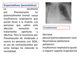 La                   neumonía
por       Pneumocystis      es
potencialmente mortal: causa
insuficiencia respiratoria que
puede llevar a la muerte. Las
personas que sufren esta
afección      necesitan     un
tratamiento      oportuno    y
efectivo. Para la neumonía por   Derrame
Pneumocystis de moderada a       pleural (extremadamente raro)
severa en personas con SIDA,     Neumotórax (atelectasia
el uso de corticosteroides por   pulmonar)
corto tiempo ha reducido la      Insuficiencia respiratoria (pued
mortalidad.                      e requerir soporte respiratorio)
 