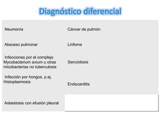 Diagnóstico diferencial
Neumonía                         Cáncer de pulmón


Absceso pulmonar                 Linfoma


Infecciones por el complejo
Mycobacterium avium u otras      Sarcoidosis
micobacterias no tuberculosis

Infección por hongos, p.ej.
Histoplasmosis
                                 Endocarditis



Asbestosis con efusión pleural
 