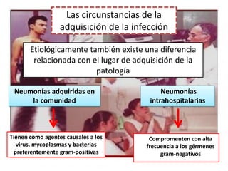Las circunstancias de la
                  adquisición de la infección

       Etiológicamente también existe una diferencia
        relacionada con el lugar de adquisición de la
                         patología

 Neumonías adquiridas en                    Neumonías
     la comunidad                       intrahospitalarias



Tienen como agentes causales a los      Compromenten con alta
  virus, mycoplasmas y bacterias       frecuencia a los gérmenes
 preferentemente gram-positivas             gram-negativos
 