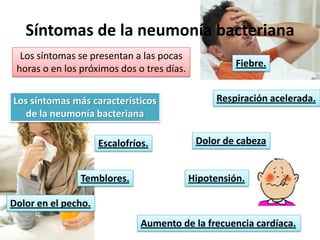 Síntomas de la neumonía bacteriana
  Los síntomas se presentan a las pocas
 horas o en los próximos dos o tres días.             Fiebre.


Los síntomas más característicos                 Respiración acelerada.
   de la neumonía bacteriana

                     Escalofríos.            Dolor de cabeza


                Temblores.                  Hipotensión.

Dolor en el pecho.
                               Aumento de la frecuencia cardíaca.
 