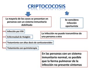 La mayoría de los casos se presentan en                  Se considera
 personas con un sistema inmunitario                      Infección
              debilitado                                 oportunista
 Infección por VIH
                                    La infección no puede transmitirse de
 Enfermedad de Hodgkin              una persona a otra

 Tratamiento con altas dosis de corticosteroides

 Tratamiento con quimioterapia

                                     En las personas con un sistema
                                     inmunitario normal, es posible
                                     que la forma pulmonar de la
                                     infección no presente síntomas
 